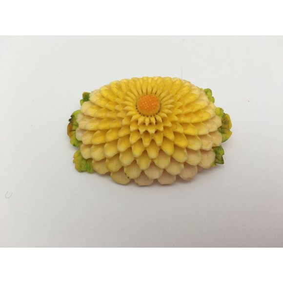 Pre 1930 Hand Carved Floral Chrysanthemum Brooch Trombone Clasp 2.25x1.5" Yellow - Picture 3 of 10